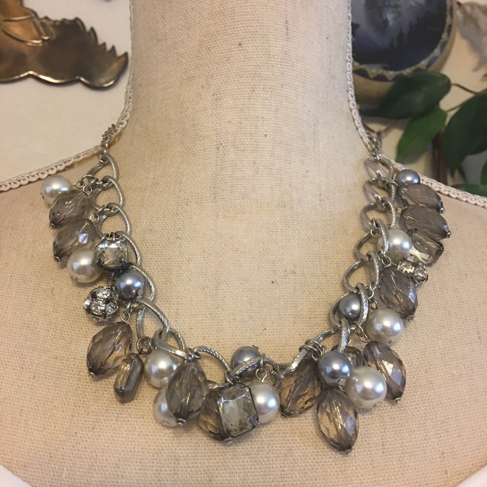 Elegant baubles and pearls silver tone necklace